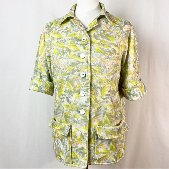 Vintage Tops - Vintage 70s Psychedelic Green Marble Print Button Up Camp Shirt Top Med